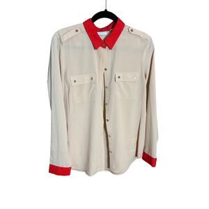 New York and Company Colorblock Blouse Red Collar Cuff Button Down Shirt Women L